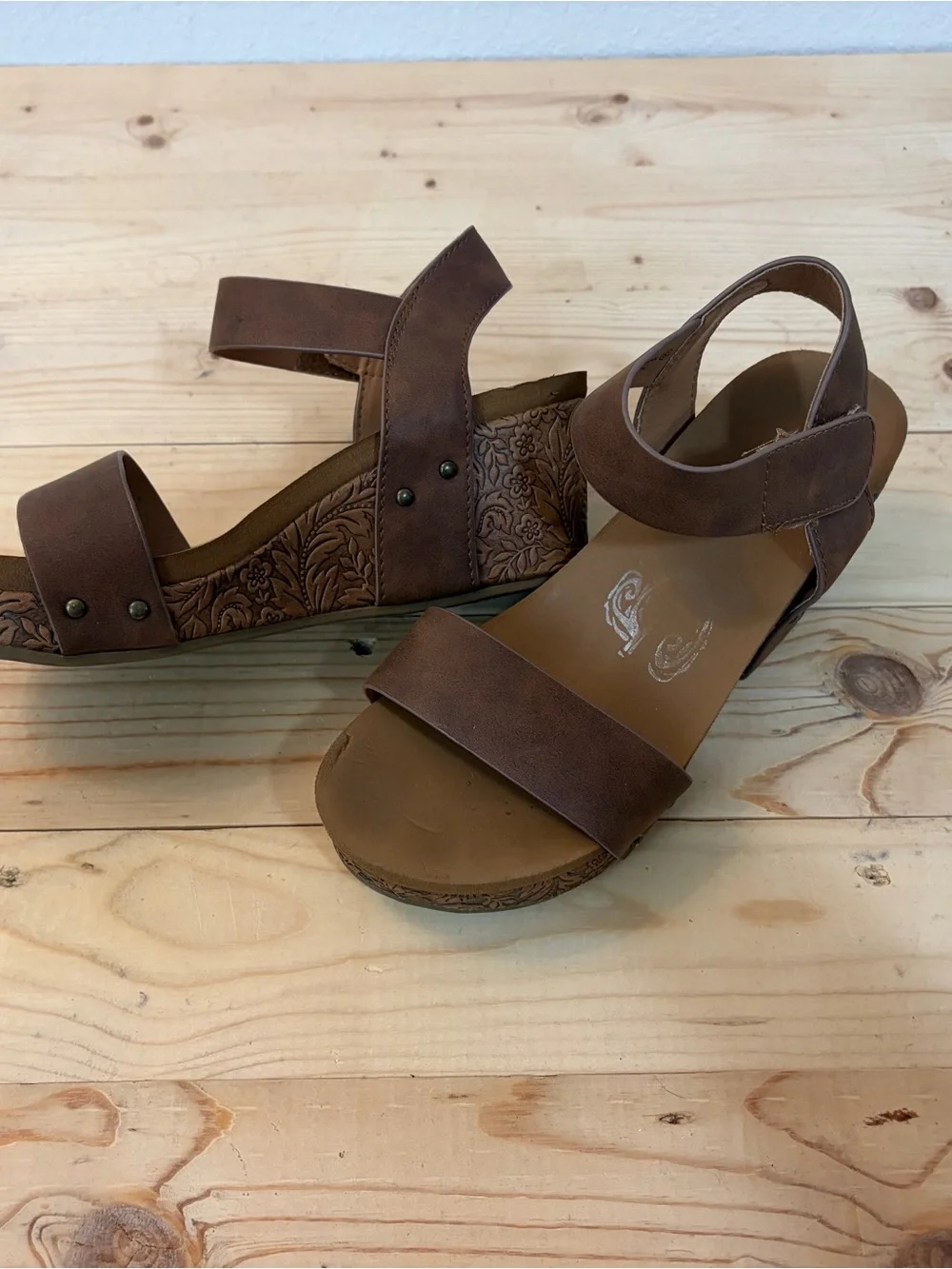 Brown Floral Tooled Platform Sandals